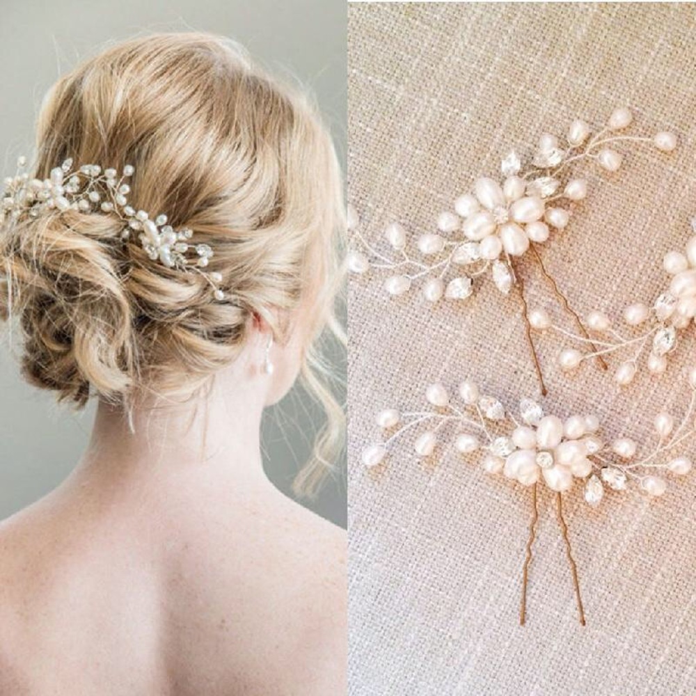 2 Pcs Crystal & Pearl Floral Vine Bridal Hair Pin - Picture 1 of 7